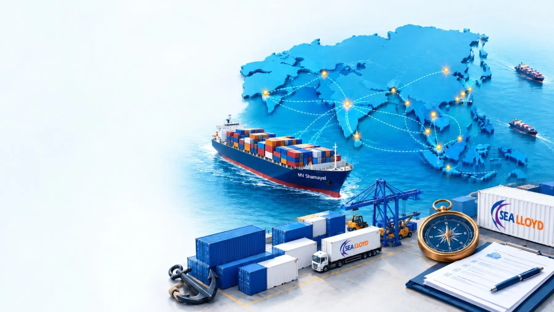 MV Shamayel sailing past a map of Asia with port cranes and Sea Lloyd containers